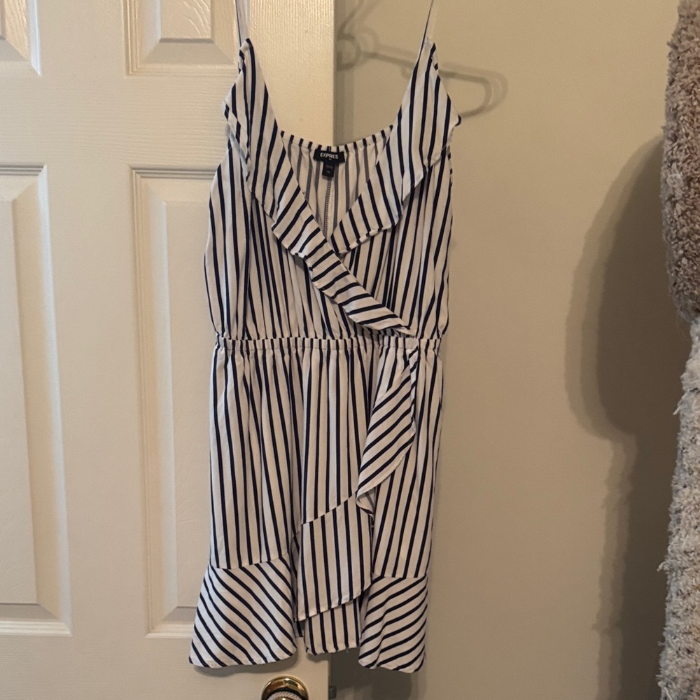 Express Navy and White Striped Ruffle Sundress